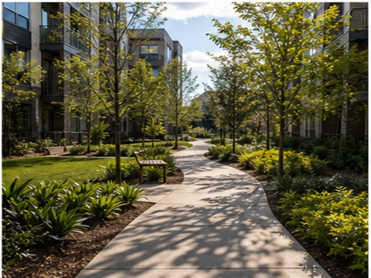 Landscaped apartment courtyard walkway