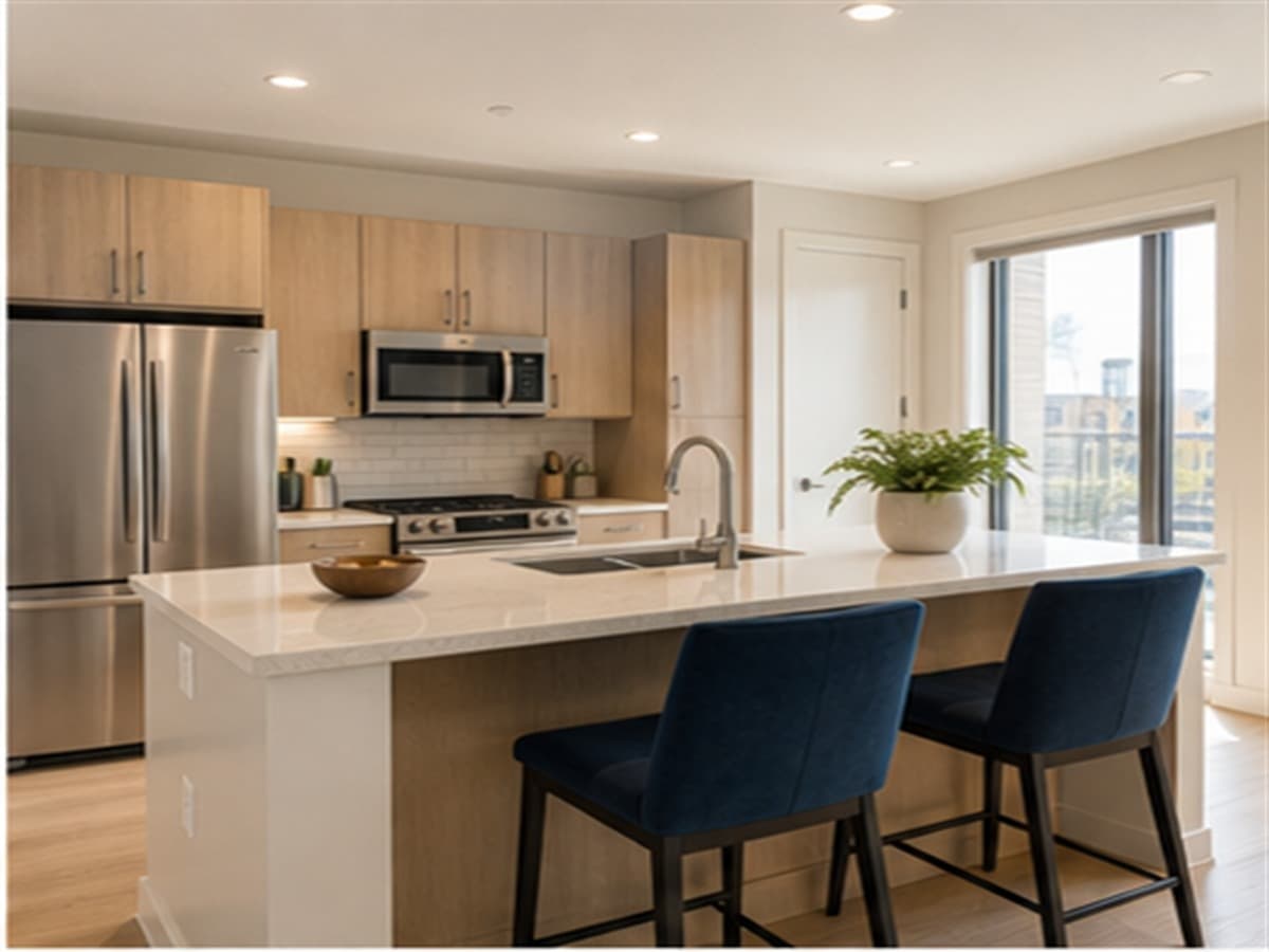 Clean apartment kitchen with natural light