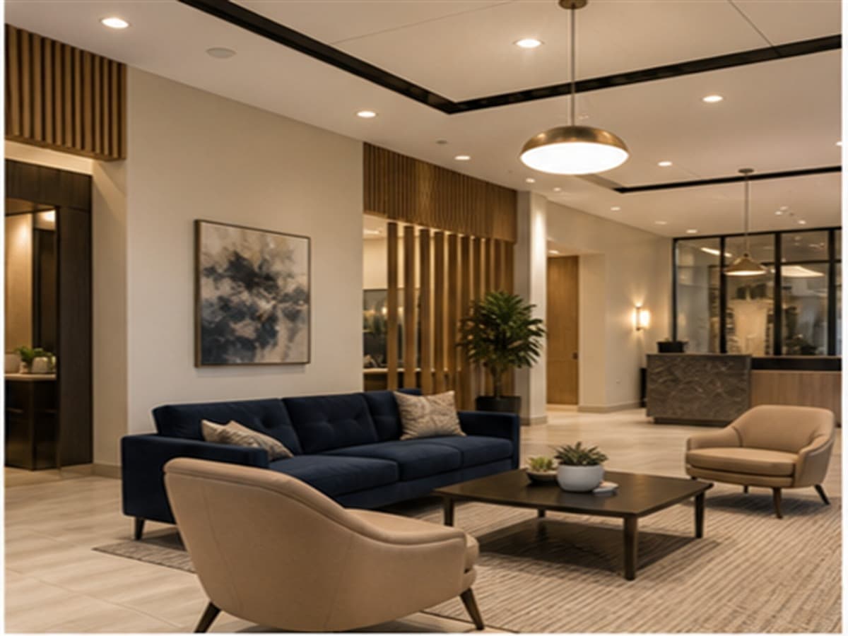 Welcoming apartment lobby with warm lighting