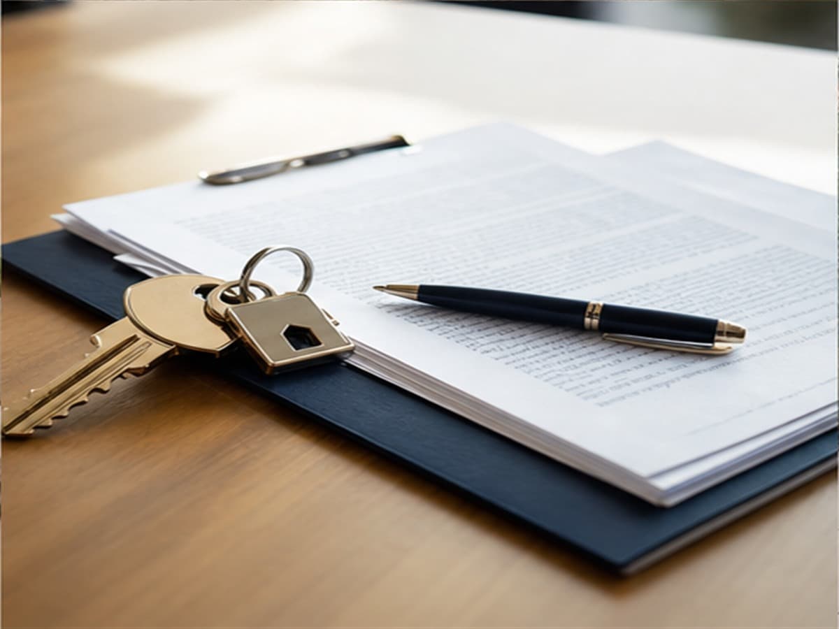 Keys, pen, and application documents on a desk