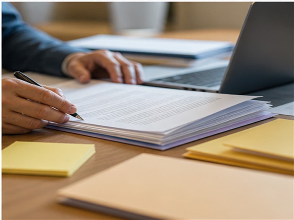 Document review scene with laptop, folders, and pen