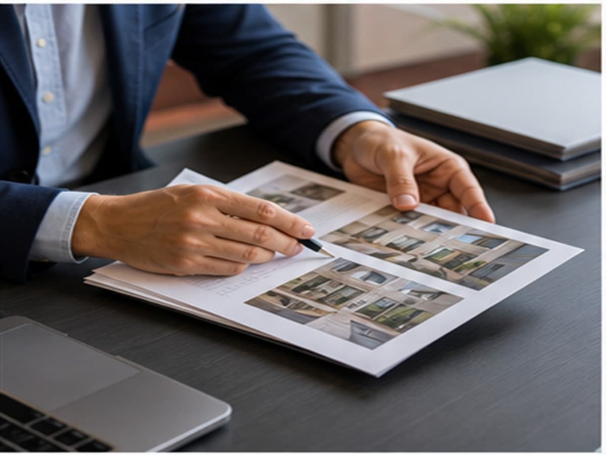 Property manager reviewing printed listing information
