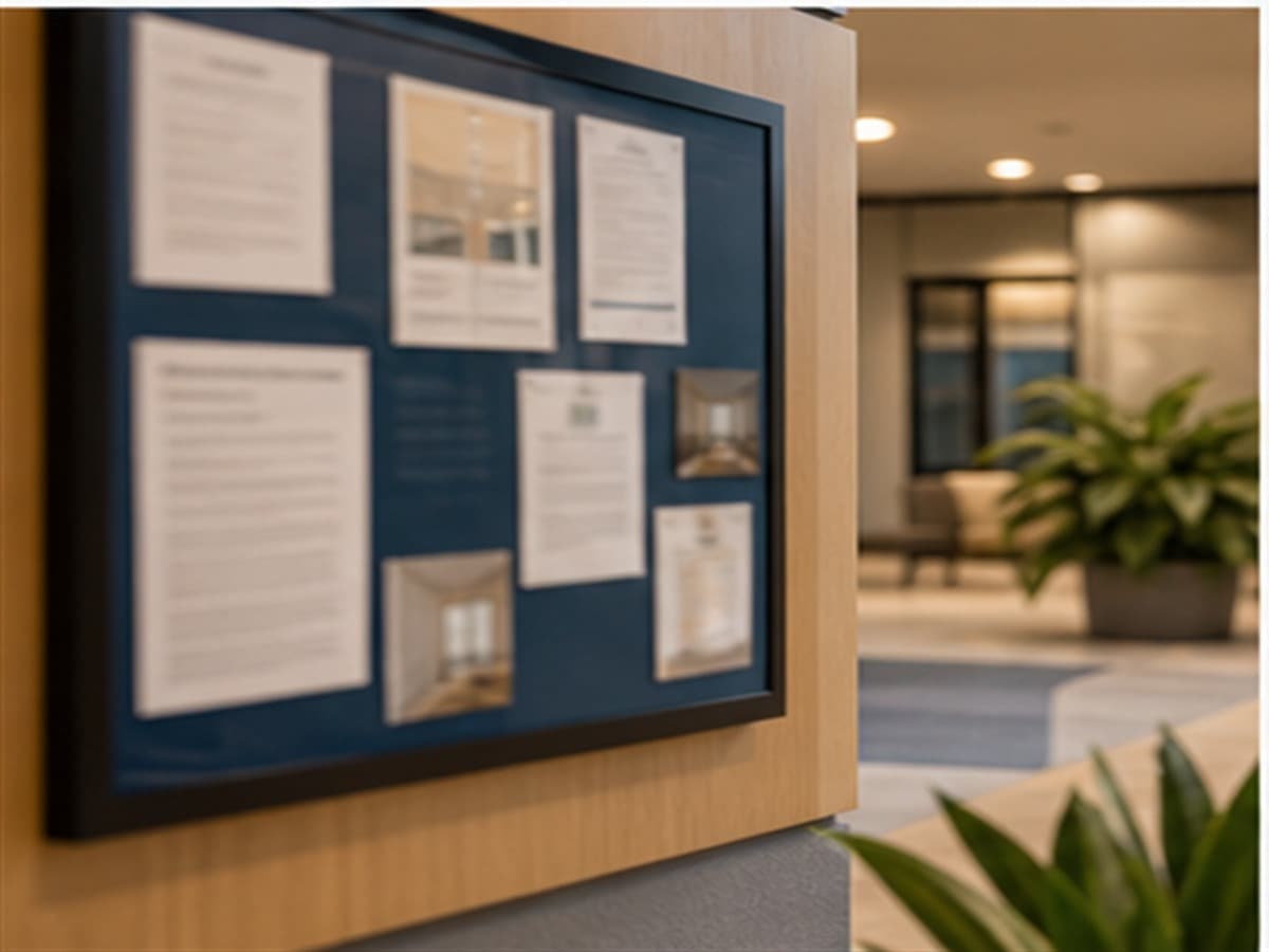 Apartment notice board with intentionally unreadable papers