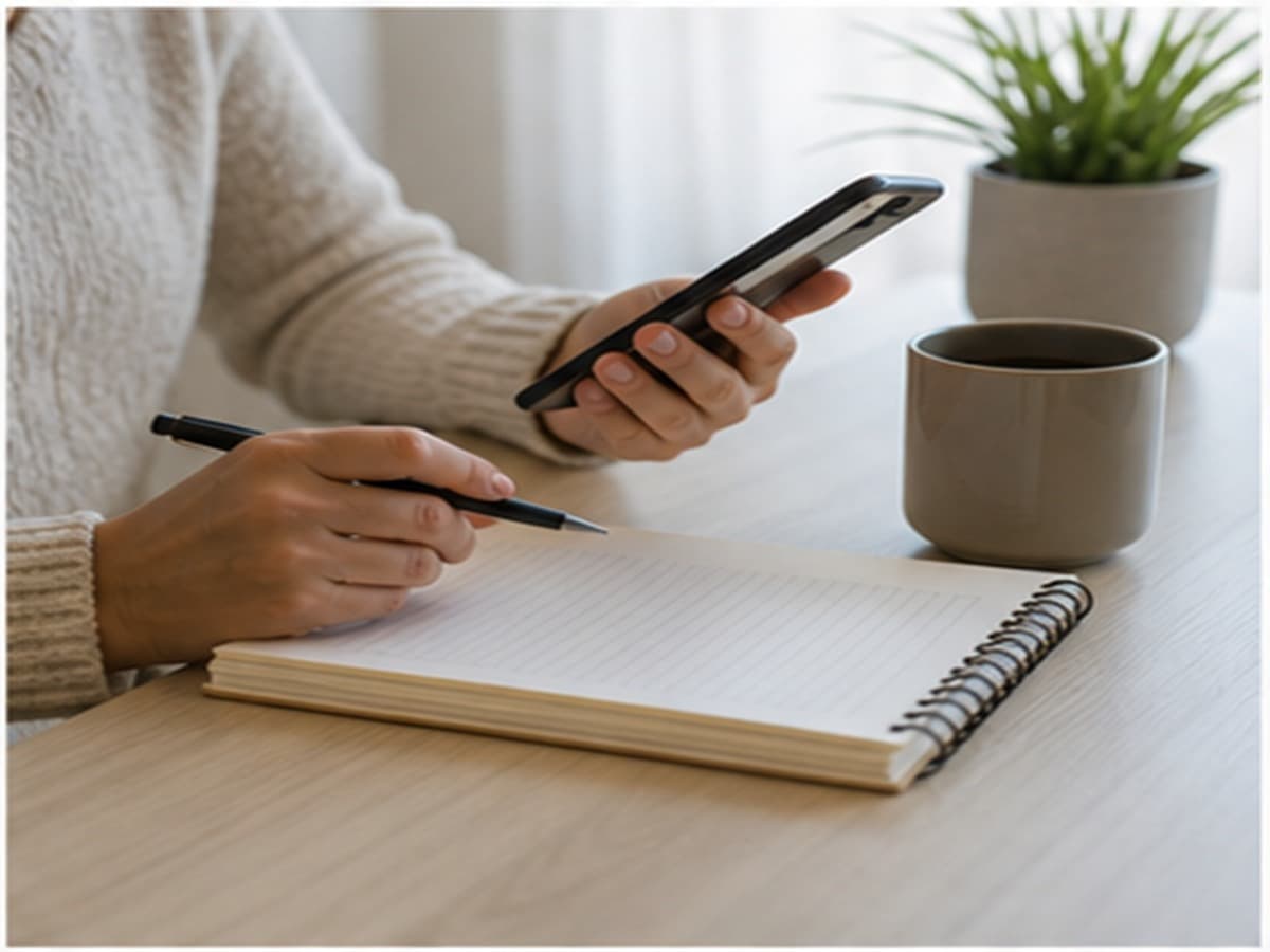 Renter comparing phone notes and a notebook